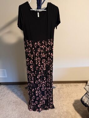 Black Maxi Dress with Pink Floral Skirt - Women's Short Sleeve
